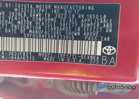 2017 Toyota Corolla Le из США, поврежденный, VIN 5YFBURHE6HP633959